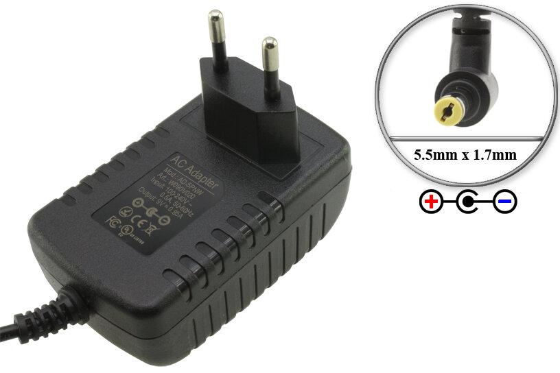 Адаптер (блок) питания 9V 0.85A 5.5mm x 1.7mm отр. пол. (AD-5 AD-5UL AD-5PNW) встр. вилка для пианино фортепиано синтезатора Casio.