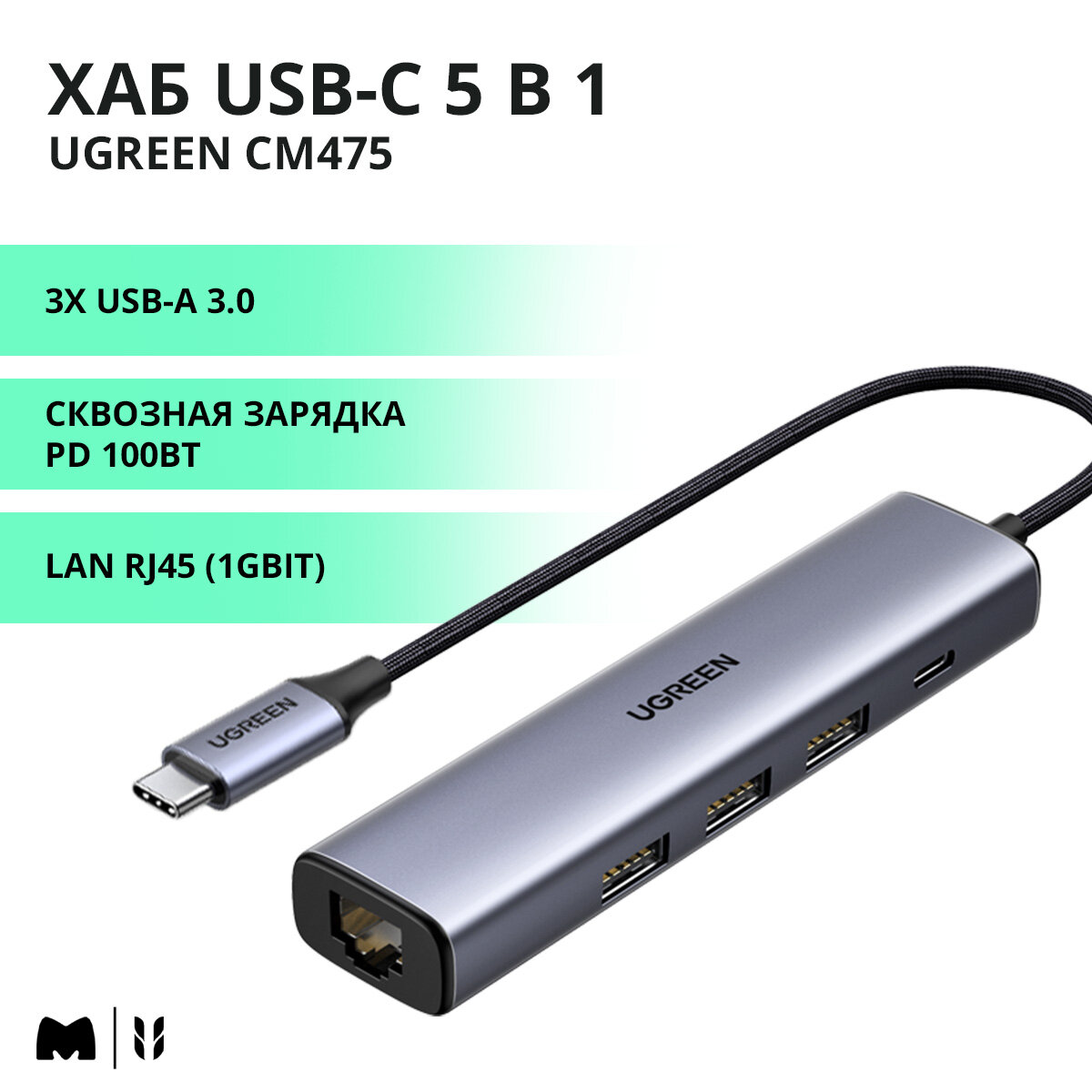 Хаб USB-C 5 в 1 UGREEN CM475 / 3хUSB-A 3.0 / LAN RJ45 (1Gbit) / PD зарядка 100Вт / цвет серый космос (20932)