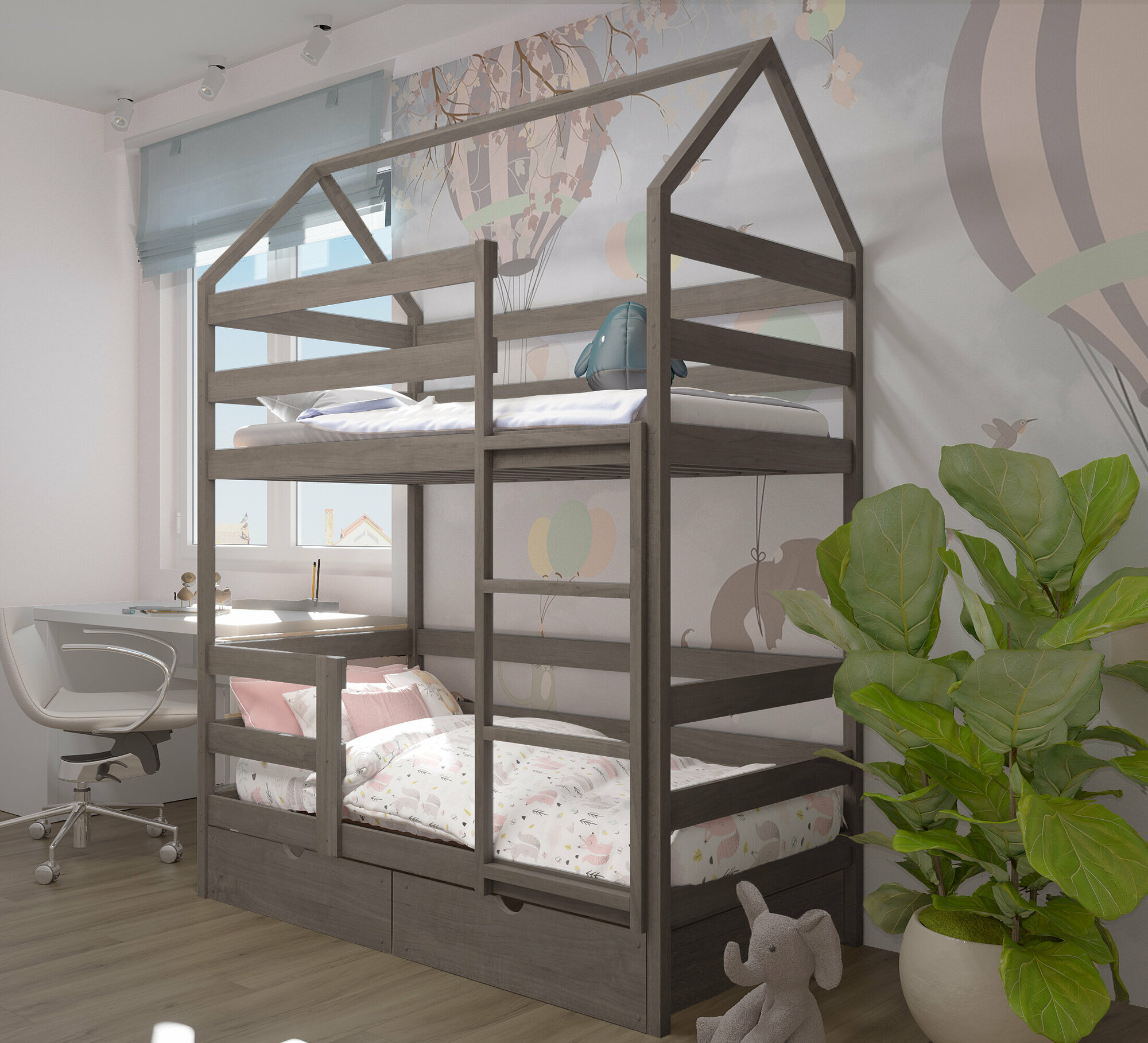 Кровать детская, подростковая "Двухъярусная-домик", спальное место 160х80, в комплекте с выкатными ящиками, масло "Асфальт", из массива