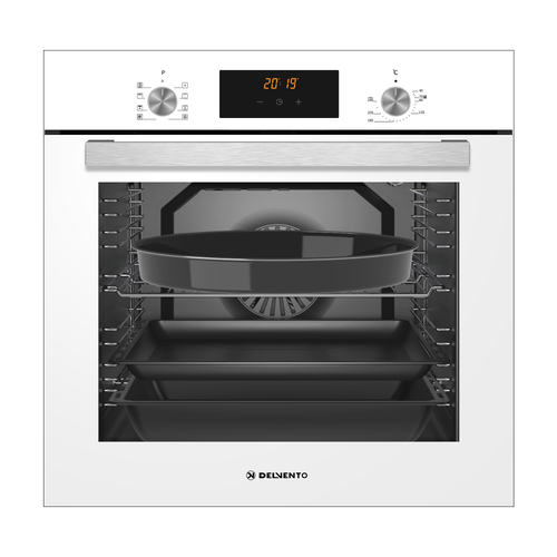 Духовой шкаф электрический встраиваемый 60см белый 8 режимов гриль конвекция 80 литров DELVENTO V6EC68017 дисплей стеклянный фасад каталитическая очистка тройное стекло LOW-E хром решетка и 3 противня стандартный круглый глубокий 2432000₽