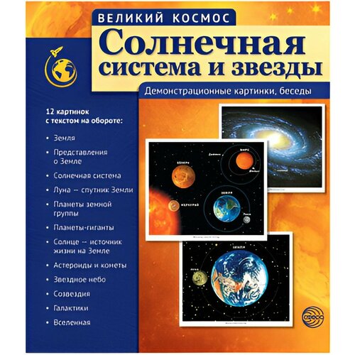 Плакат на День Космонавтики Солнечная система и звезды, 12 картинок с текстом, 21х25см.