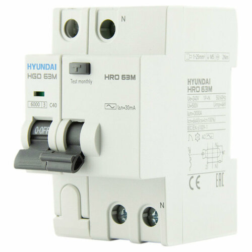 Дифавтомат HYUNDAI HRO 1PN 10А 30 мА AC 1306000127 15228₽
