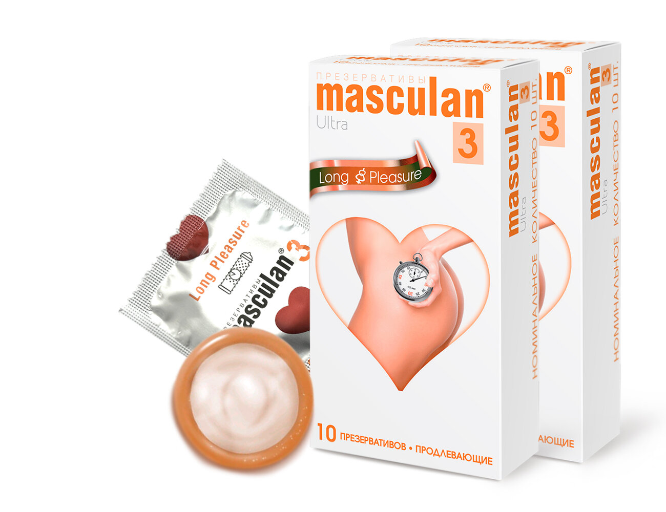 Презервативы Masculan 3 Ultra Long Pleasure №10, 2 упаковки (20 презервативов, продлевающие, с коллечками и пупырышками)