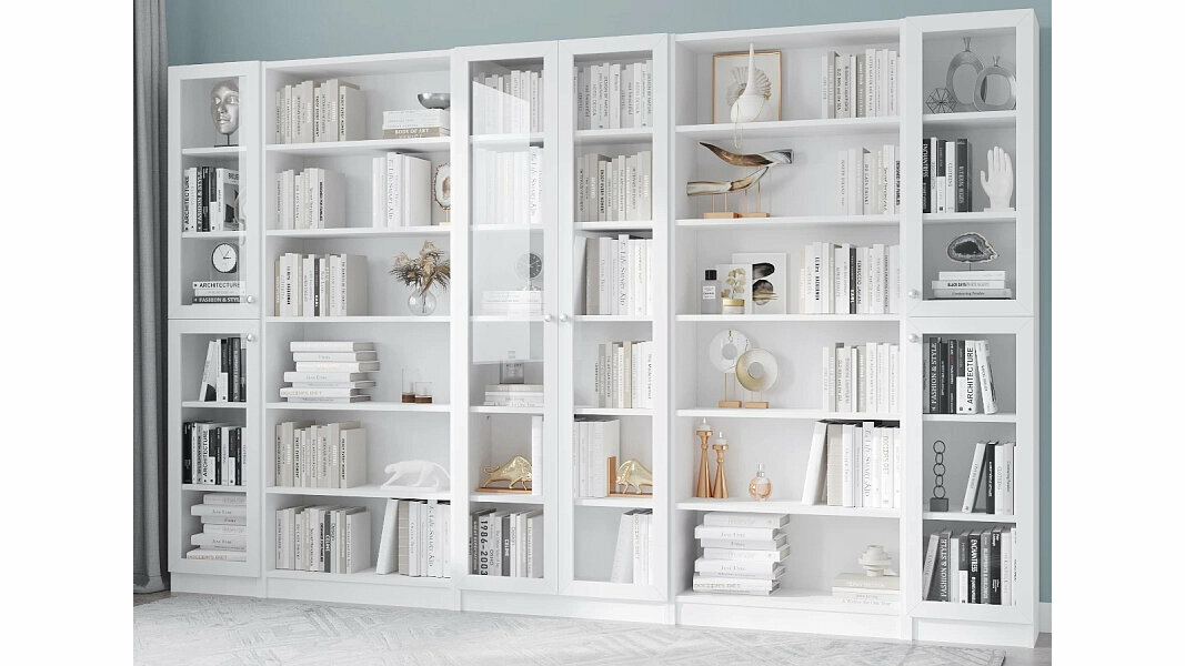 Шкаф книжный библиотека стеллаж Билли 55 по мотивам IKEA Икея Белый Фасадный 0101, 320*30*202 см, ЛДСП с рамкой МДФ