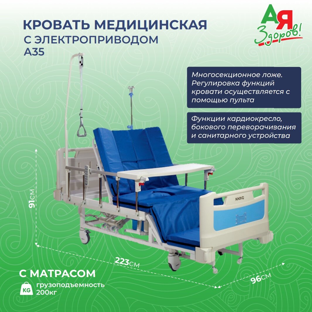 Кровать медицинская электрическая ЮКИ А35 с боковым переворачиванием, кардиокреслом, туалетом и матрасом
