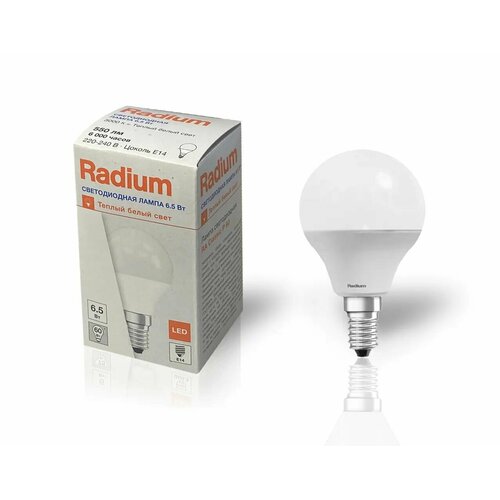 Лампа Светодиодная Шарик 6.5Вт 220-240В E14 550Лм 3000К Угол 180 град. d 47mm h 88mm Свет Теплый белый Rad ium, уп. 2шт