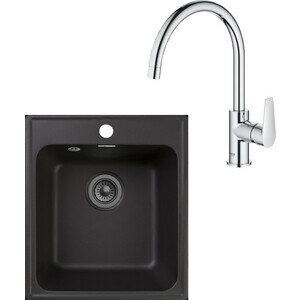 Кухонная мойка и смеситель GranFest Quarz GF-Z17, Grohe BauEdge 31367001 с сифоном, черная