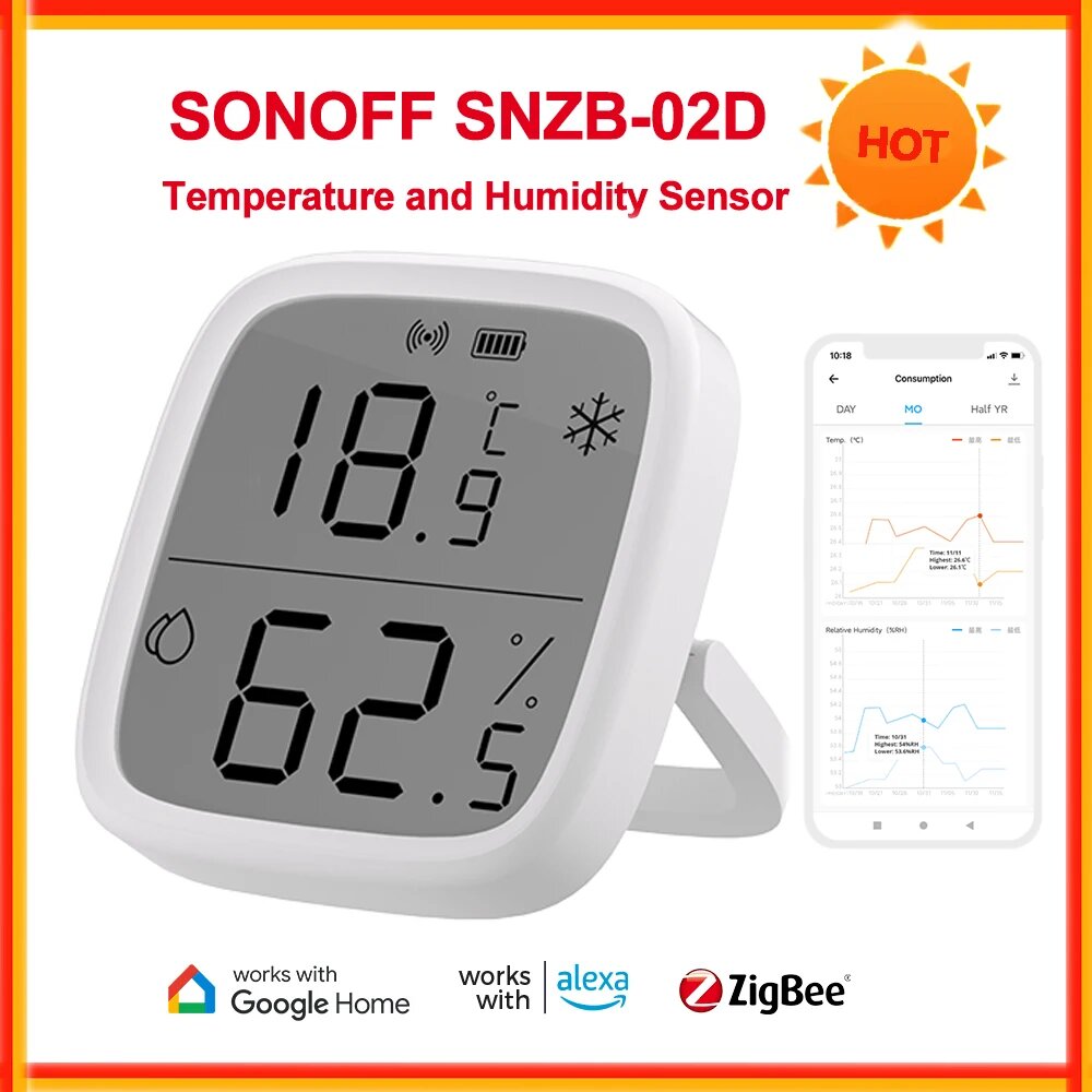 Умный датчик температуры и влажности SONOFF SNZB-02D Zigbee, дистанционный мониторинг в режиме реального времени, большой ЖК-экран, для умного дома