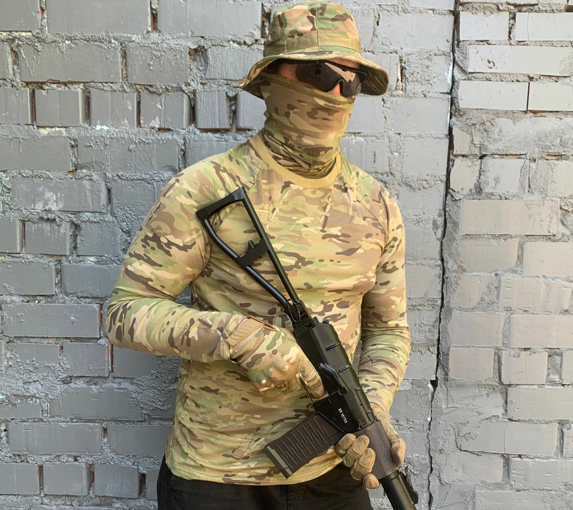 Лонгслив размер L, , коричневый, зеленый — фото 1