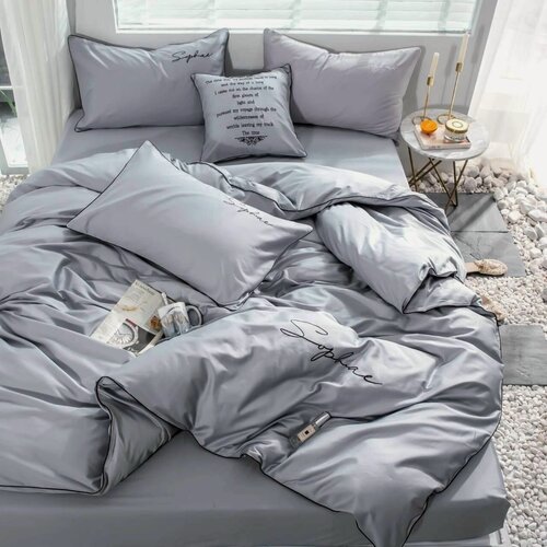 Изображение товара Постельное белье евростандарт двуспальное/евро Сатин Mency Жатка/ пододеяльник 200x220/простыня 220x240/ Наволочки 50x70-2шт 70x70-2шт, Цвет Светло-серый