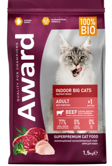 Сухой корм AWARD Indoor Big cats для кошек крупных пород с говядиной 1,5 кг