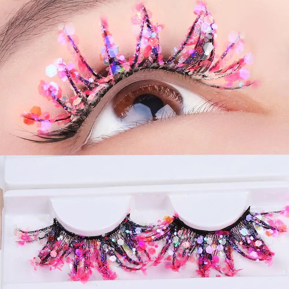 Светящиеся накладные ресницы с 3D блестками, цвет Ярко-Розовые, 1 пара