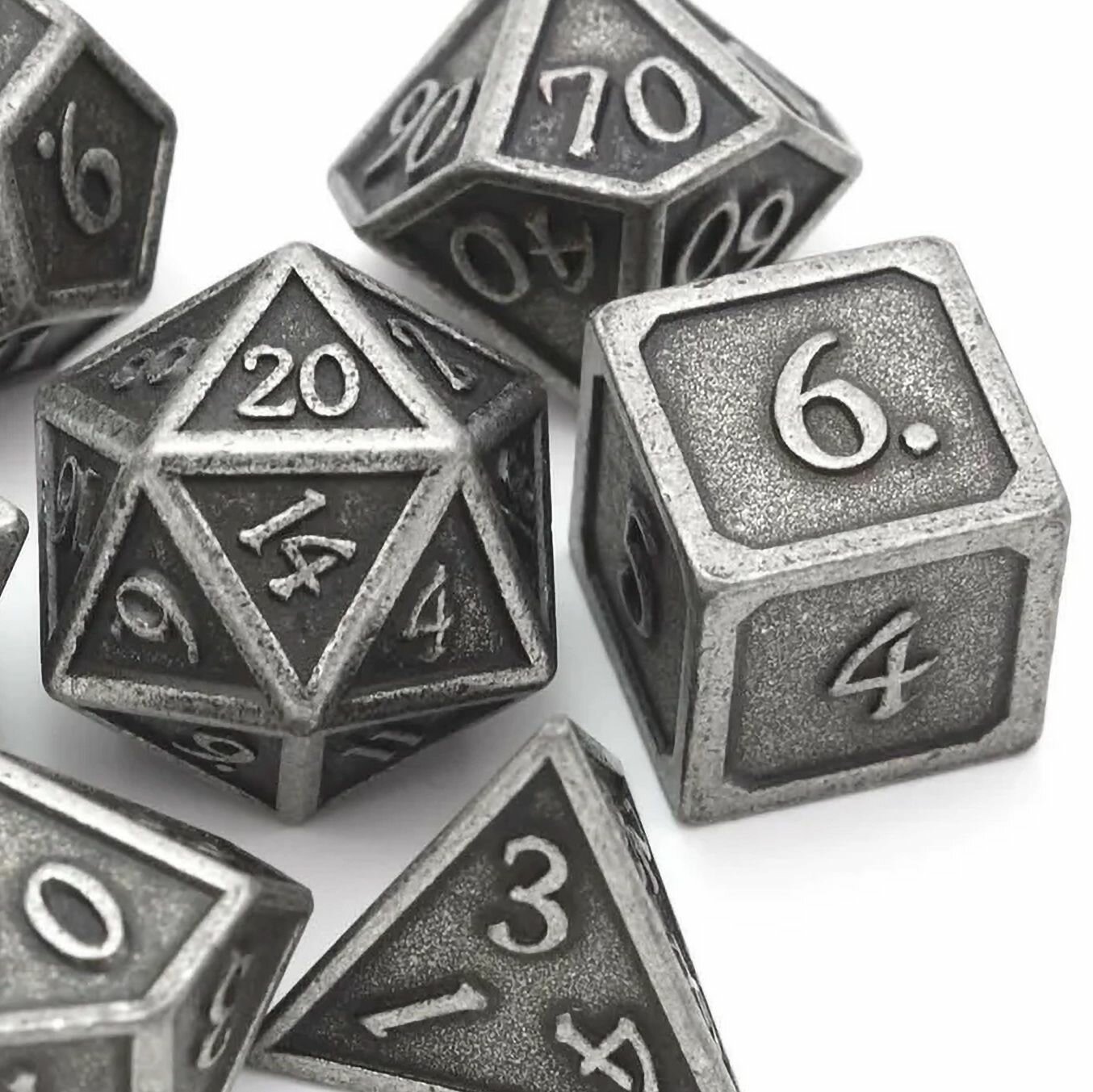 Набор металлических игральных костей (D4, D6, D8, D10-2, D12, D20) Stuff-pro (античный серебряный) — фото 1