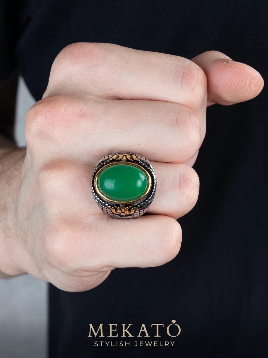 Печатка МЕКАТО, искусственный камень, размер 23, золотой, серебряный, зеленый — фото 1