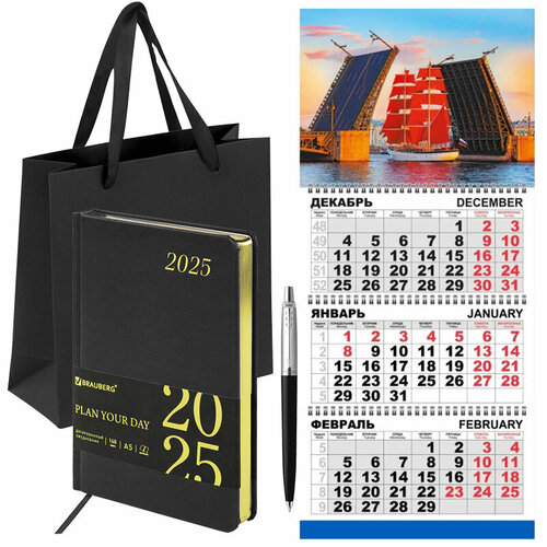 Набор подарочный черный датированный ежедневник А5 Brauberg Iguana ручка Parker календарь крафтовый пакет 1780₽