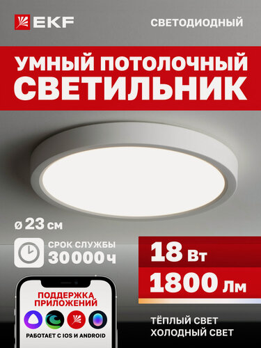 Изображение товара Умный потолочный светодиодный светильник EKF Connect, 18W, 23 см с Wi-Fi, Яндекс Алисой, Марусей, Салютом