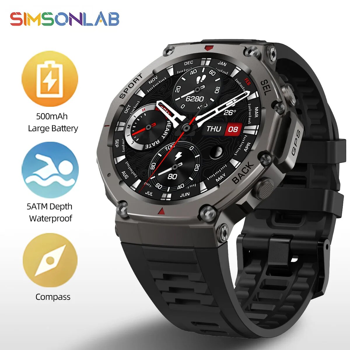 T-Rex3 GPS смарт часы мужские военные, Black, GPS smartwatch