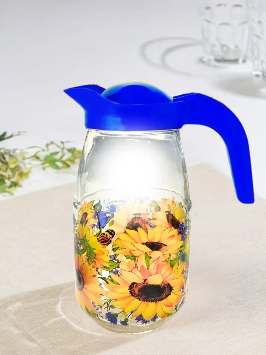 Кувшин с крышкой стеклянный Подсолнухи 1,5л для воды, сока, морса — фото 1
