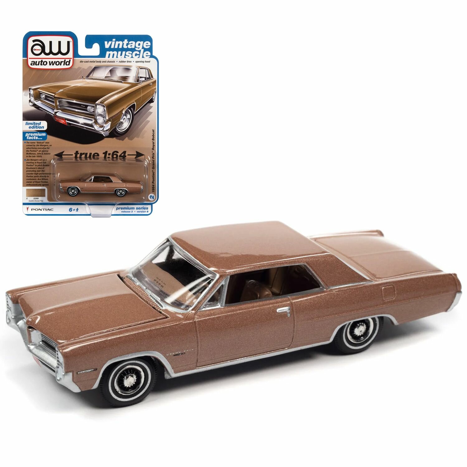 Машинка литая коллекционная Auto World - Die-Cast модель 1964 Pontiac Grand Prix Royal Bobcat, масштаб 1:64, серия Vintage Muscle, AW64372-R3VB-N2