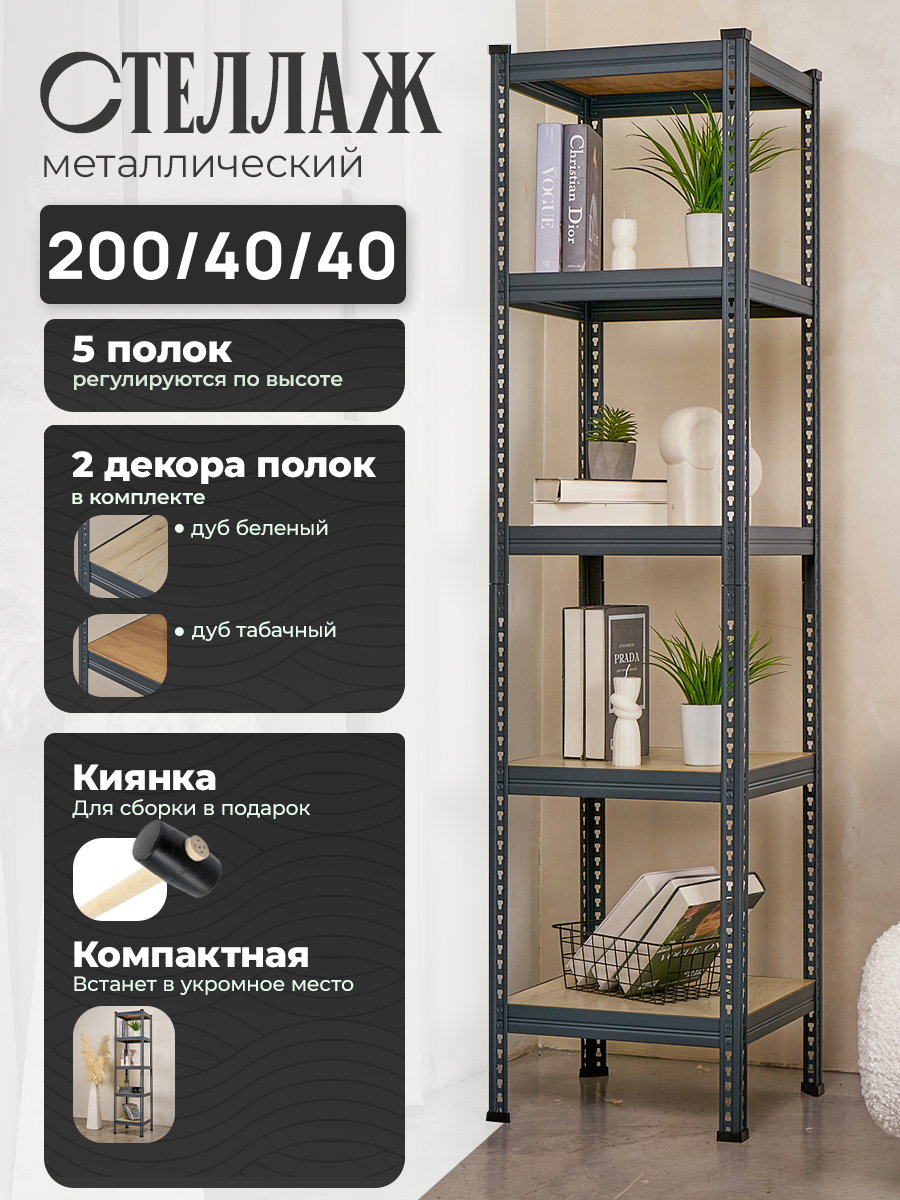 Стеллаж металлический напольный Лофт 200х40х40 с двумя комплектами полок