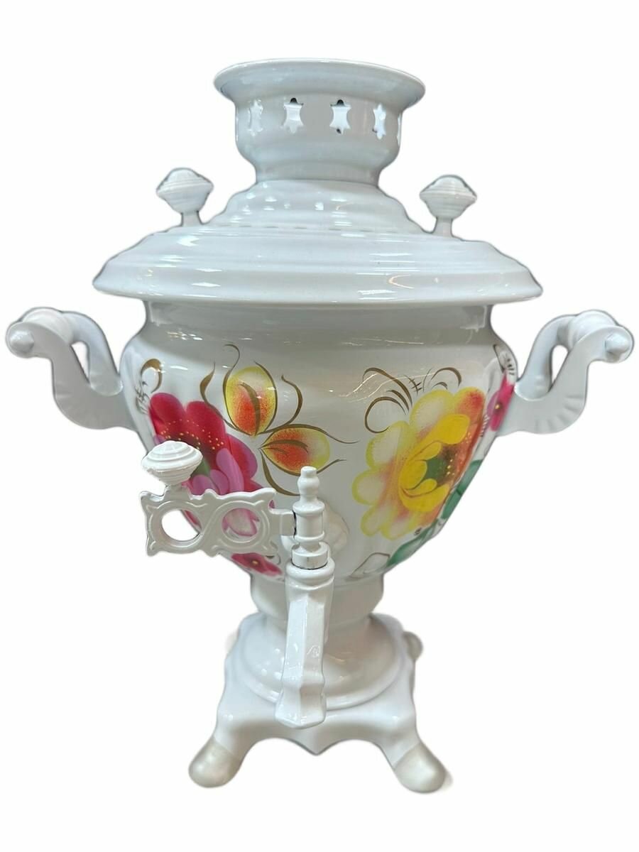 Электрический самовар 2 литра расписной с художественной росписью "Жостово на белом фоне"