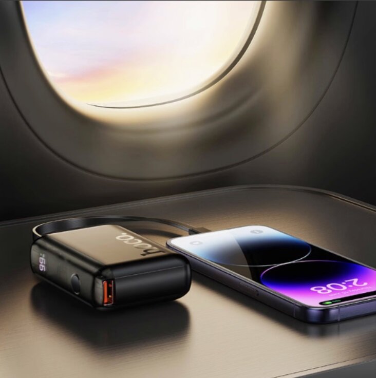 Портативный аккумулятор Hoco Her J139 Fast charge iP cable, 10000 mAh, PD20W/SCP22.5W, с кабелем Lightning, Черный — фото 1