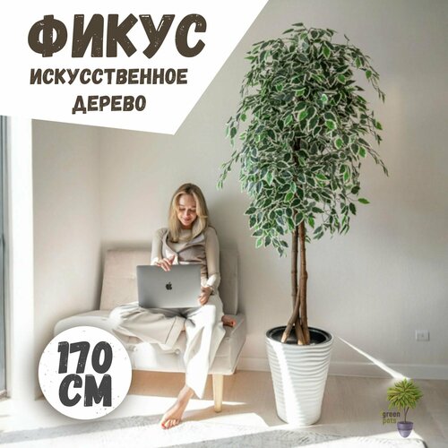 Искусственное дерево Фикус / декоративное растение в белом кашпо 170 см