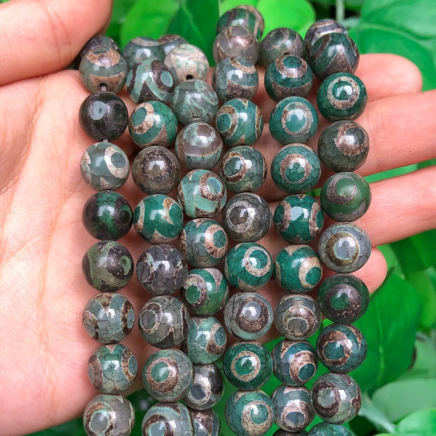 Бусины из камня Дзи, агат, изумрудный, 10 мм, 35 шт