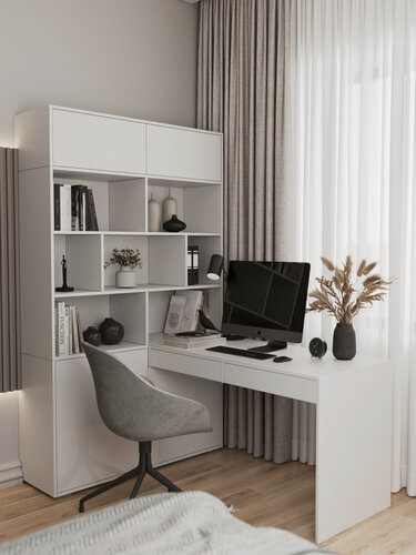 Изображение товара Стол письменный угловой со шкафом и выдвижными ящиками белый