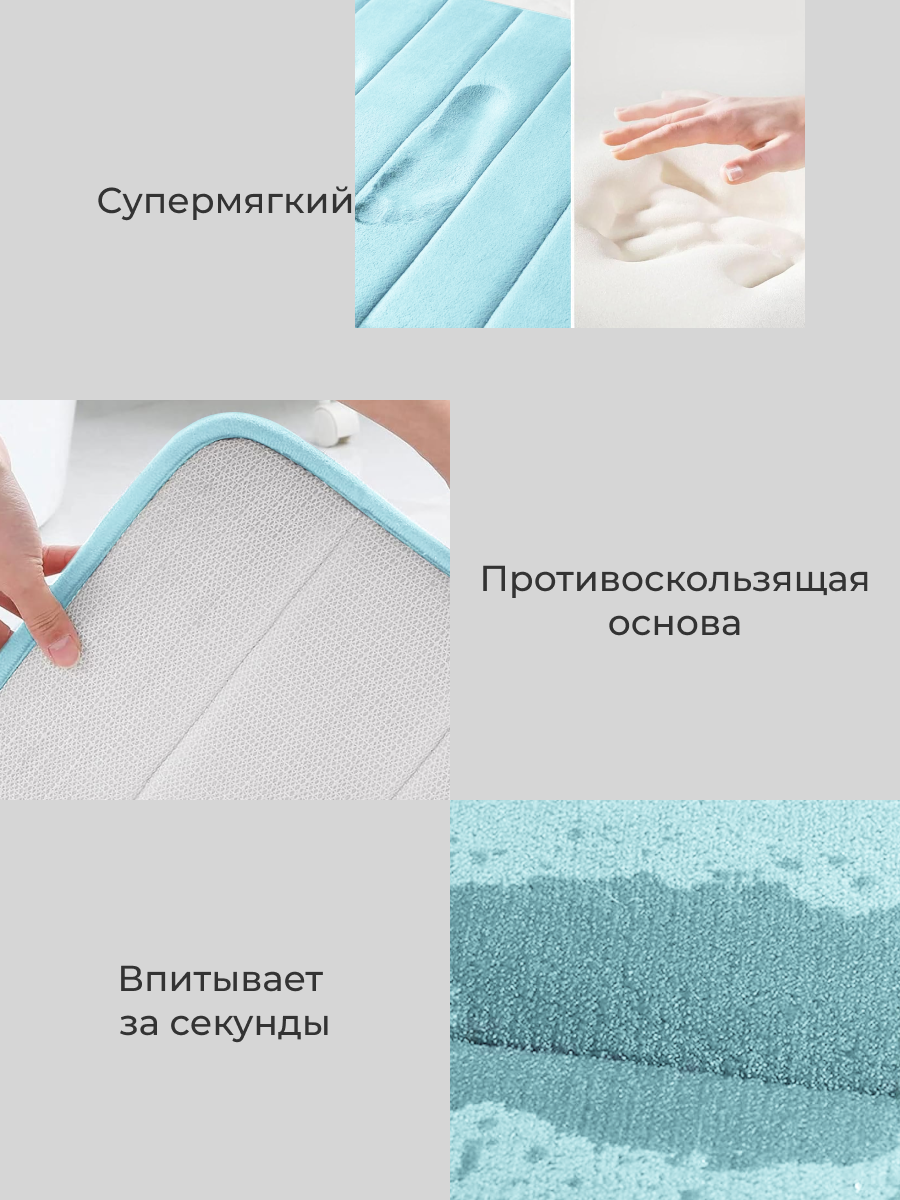 Коврик для ванной Carnero, 40x60 см, противоскользящий, голубой — фото 1
