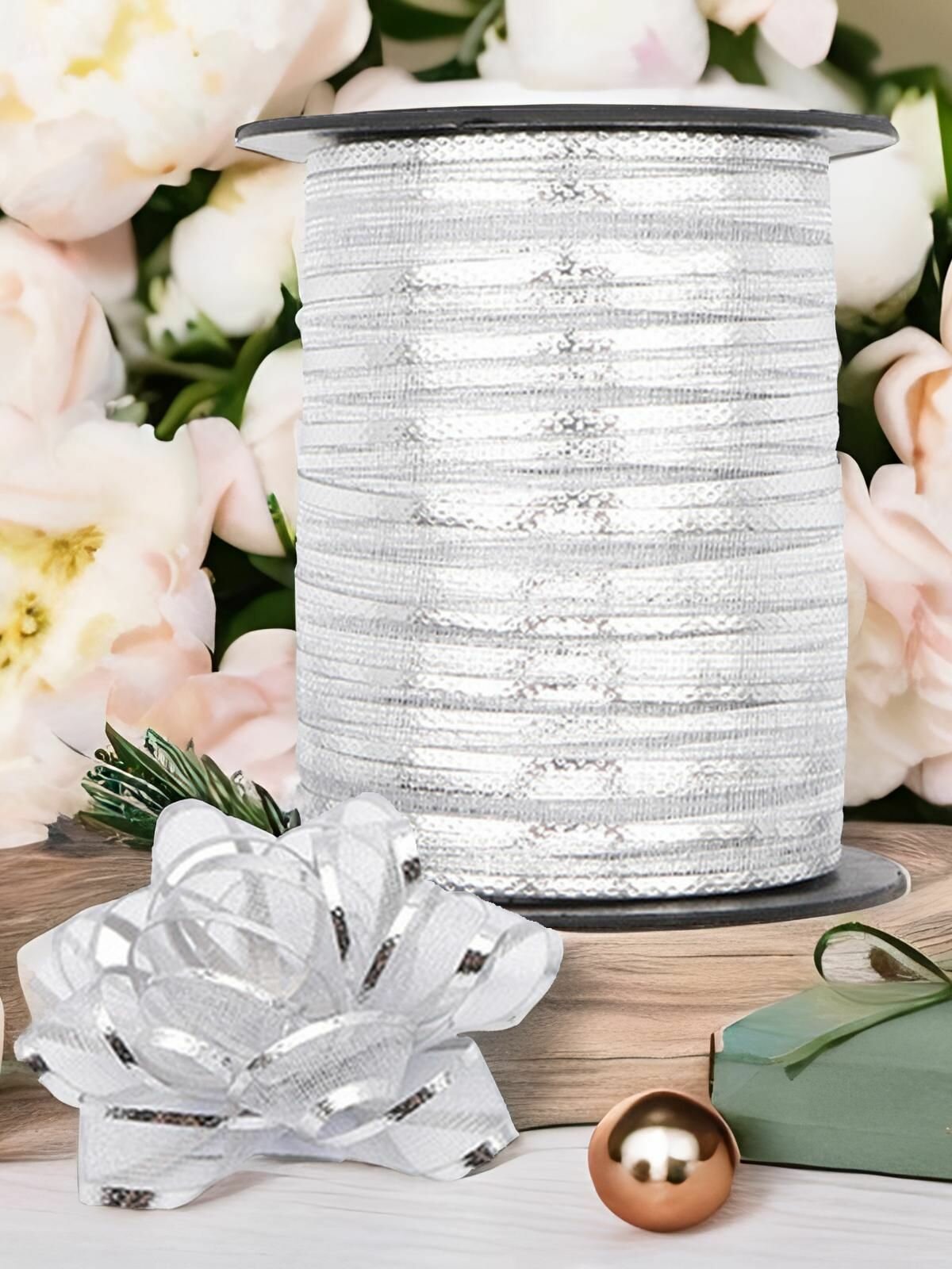 Набор для упаковки подарка (бант 4 шт, лента 1см*10м), серебро, Айрис — фото 1