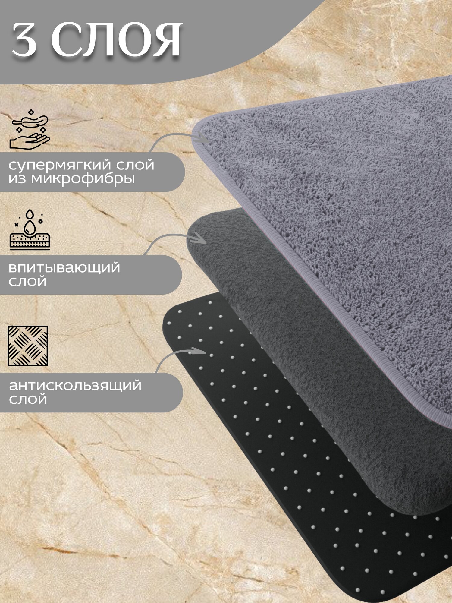 Коврик для ванной полиэстер, 50x80 см, противоскользящий, серый — фото 1