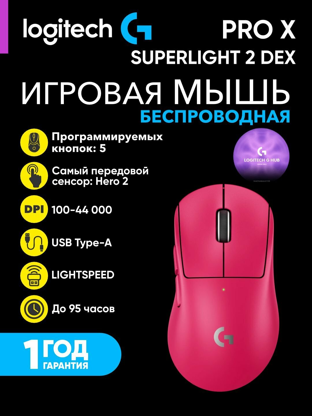 Беспроводная игровая мышка Logitech PRO X SUPERLIGHT 2 DEX, 44000 dpi, HERO 2, розовая L910-007373