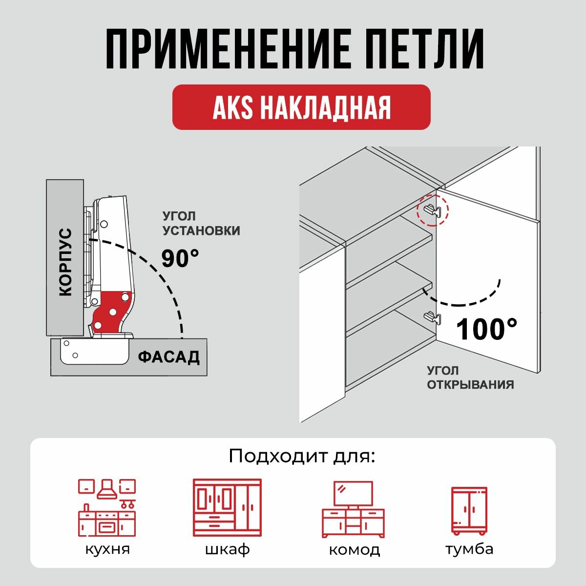 Петли мебельные с доводчиком накладные clip-on AKS угол открывания 100 градусов, присадка 48 мм, 8 шт — фото 1