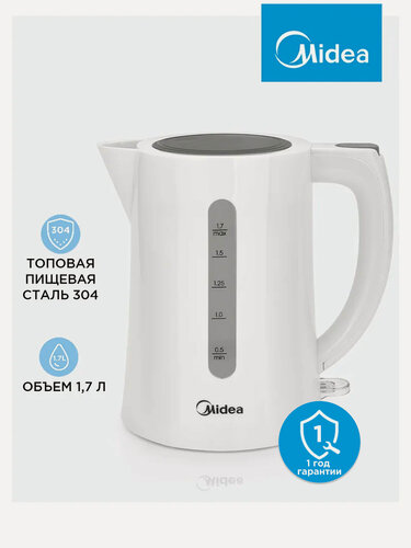 Изображение товара Чайник электрический Midea MK-8090, 1.7 л, 2200 Вт, неоновый индикатор включения, съемный фильтр, автоотключение, белый