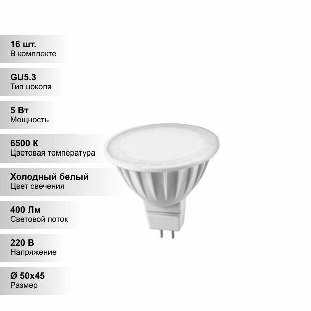 (16 шт.) Светодиодная лампочка онлайт MR16 5Вт 230В 6500K GU5.3