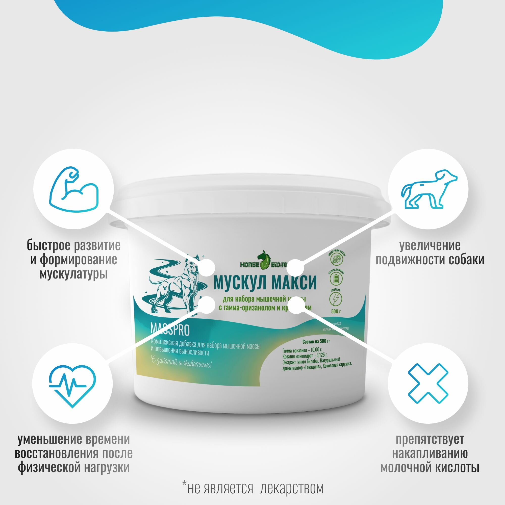Подкормка для набора мышечной массы мускул макси Horse-Bio MassPro для собак, 500 г — фото 1
