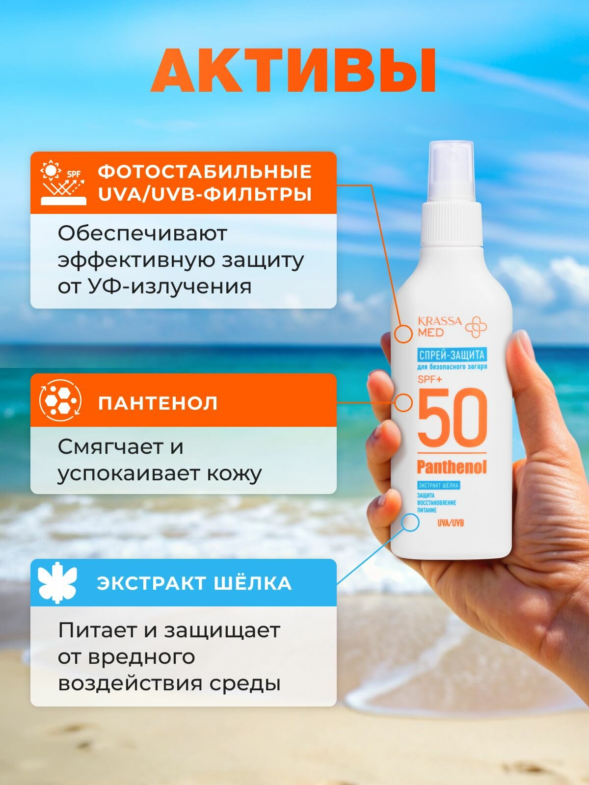Изображение Солнцезащитный спрей для безопасного загара SPF 50+, MED PANTHENOL, 150 мл