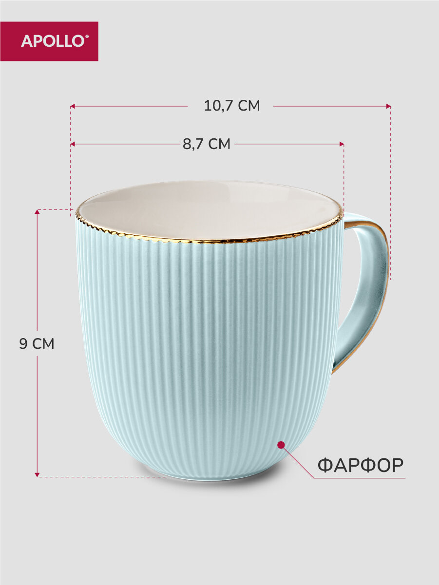 Кружка для чая и кофе, чашка из фарфора Apollo "Ribb" 370 мл, голубая с золотой окантовкой — фото 1
