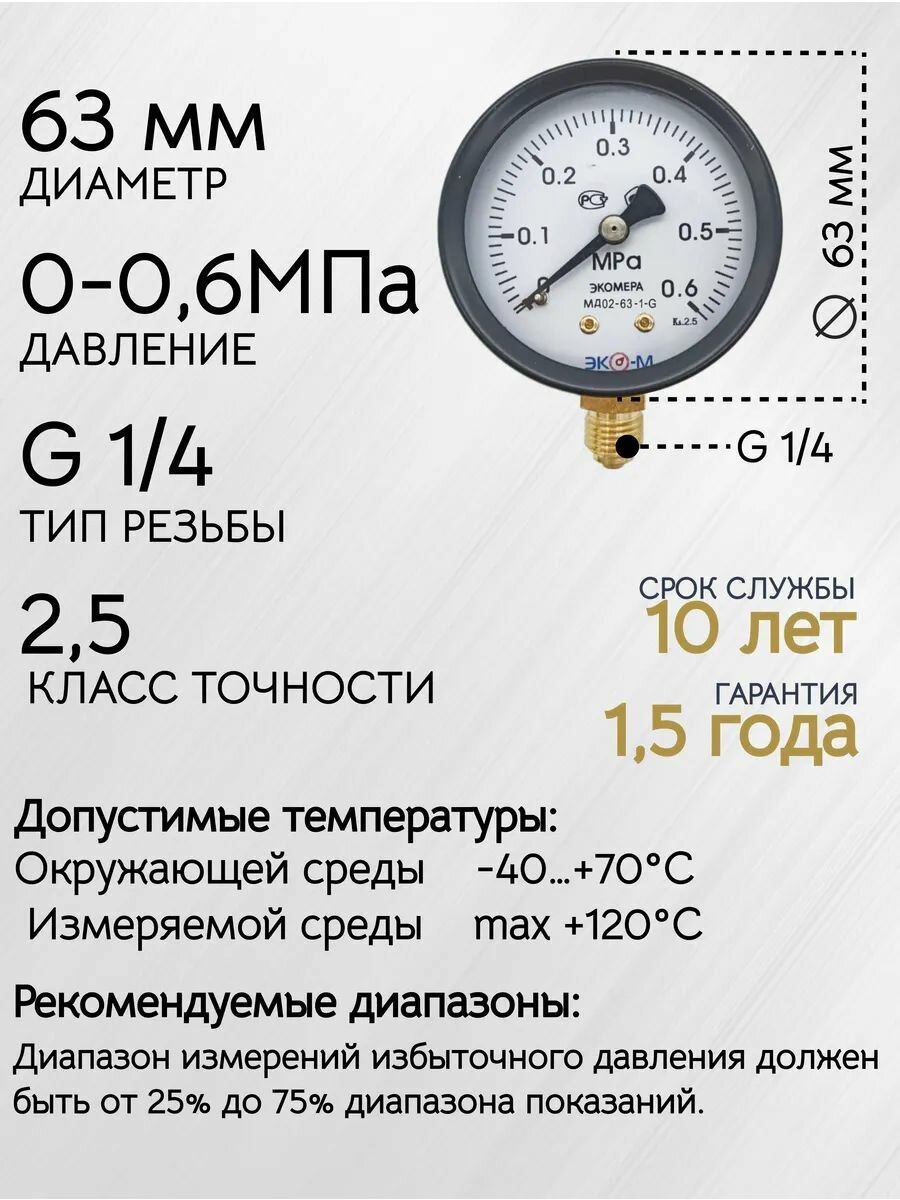 Манометр Экомера МД02-63мм 0.0,6МПа G1/4 — фото 1
