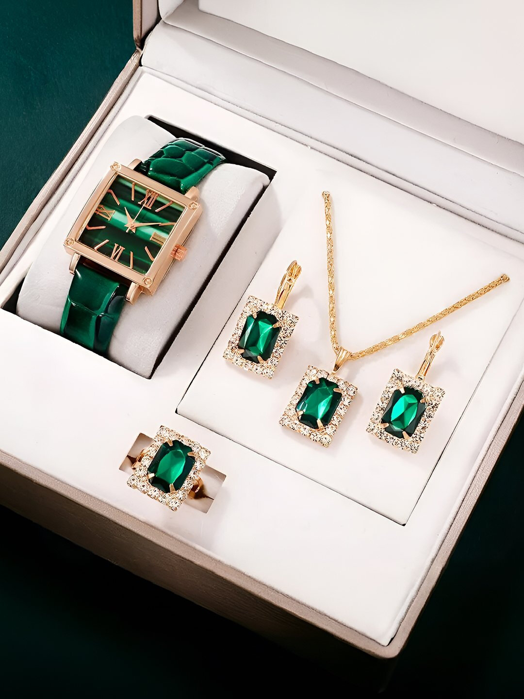 Комплект бижутерии: колье, цепь, кольцо, серьги, кварц, кристаллы Swarovski, размер колье/цепочки 47 см, зелeный