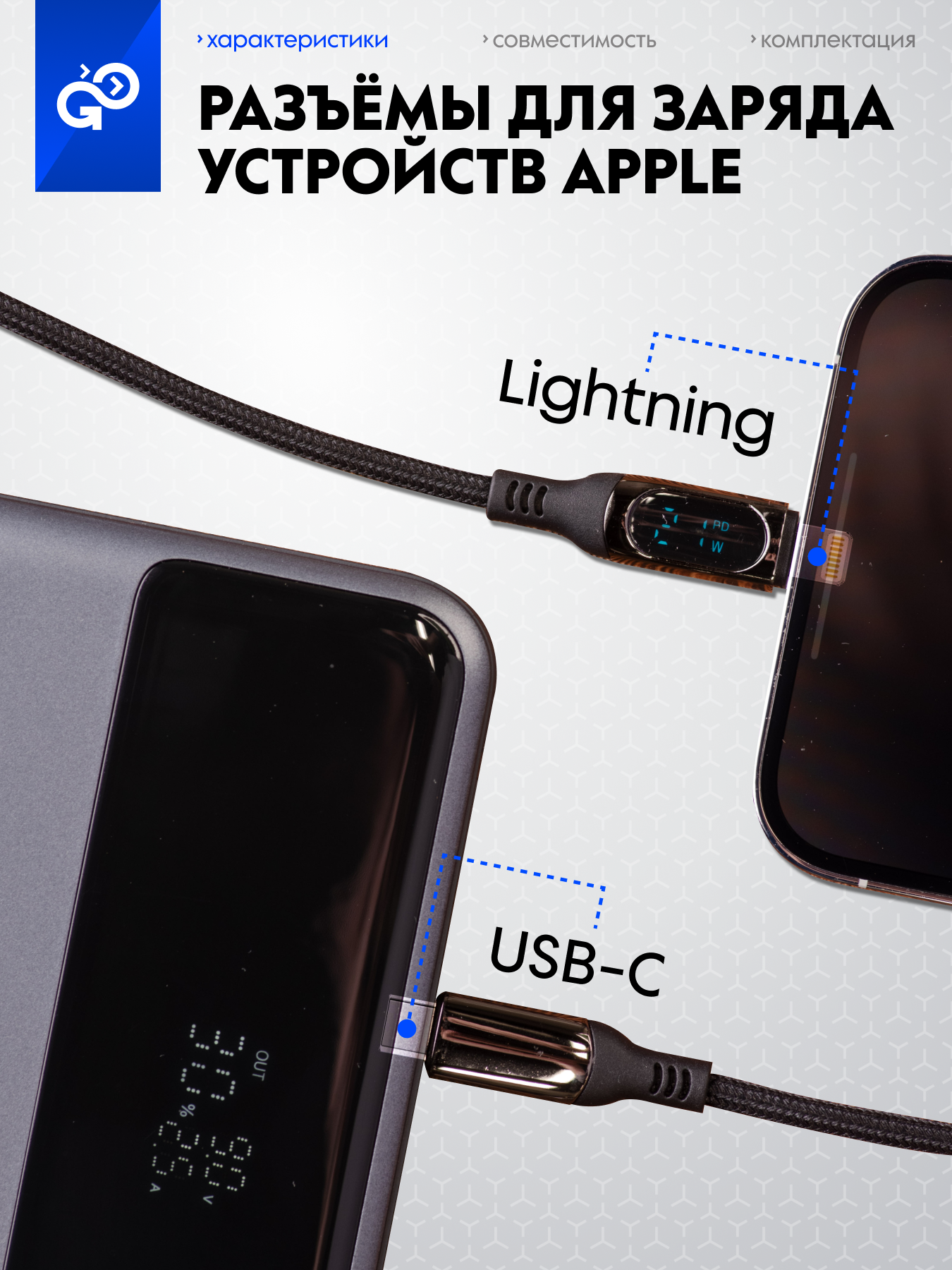 Кабель для Айфона c дисплеем GoGadget PowerPipe CB001 Type-C / Lightning 1,2 м — фото 1