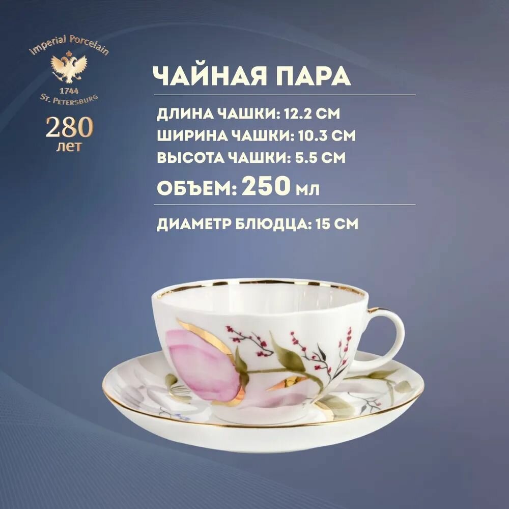 Чайная пара. Форма "Тюльпан", рисунок "Розовые тюльпаны". Твердый фарфор. 250 мл. Императорский фарфоровый завод ИФЗ. — фото 1