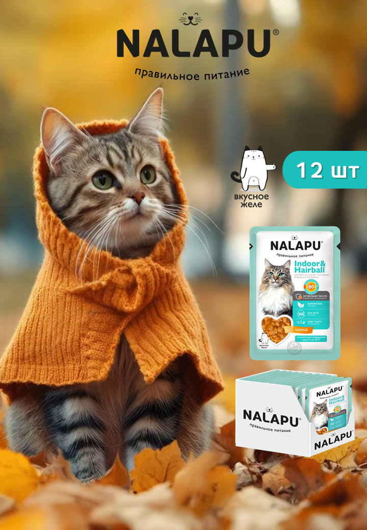 Корм для кошек влажный NALAPU для кошек постоянно живущих в помещении, сочные кусочки с курицей в желе, 12 шт. по 77 г
