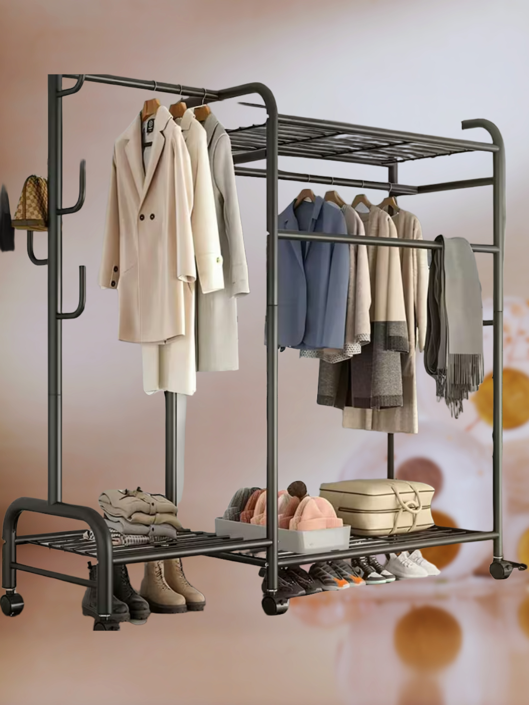 Многофункциональная двухуровневая стойка для одежды на колесиках, металл