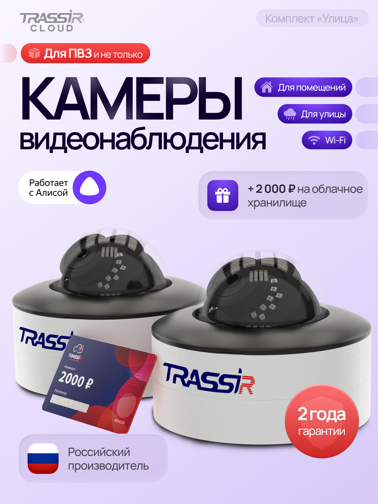 Комплект облачного видеонаблюдения TRASSIR  Улица   2 камеры  с WiFi