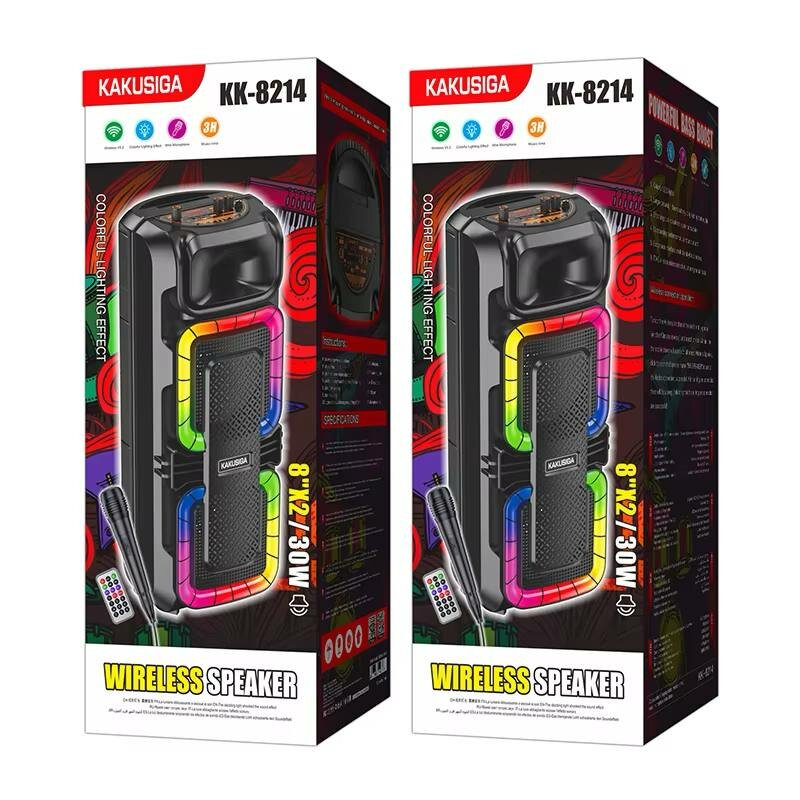 Беспроводная Bluetooth колонка KAKUSIGA KK-8214 с RGB-подсветкой, мощным басом, микрофоном и пультом управления