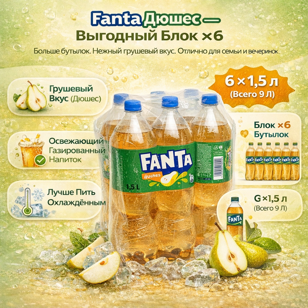 Газированный напиток Fanta "Дюшес", 1,5 л, 6 пластиковых бутылок.