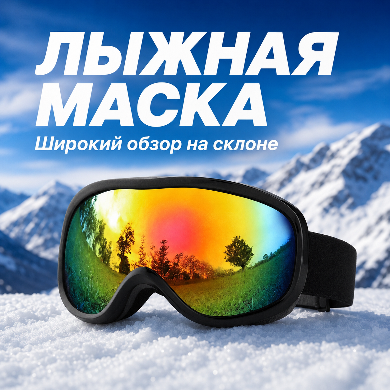 Лыжная маска с широкой радужной зеркальной линзой и чёрной оправой