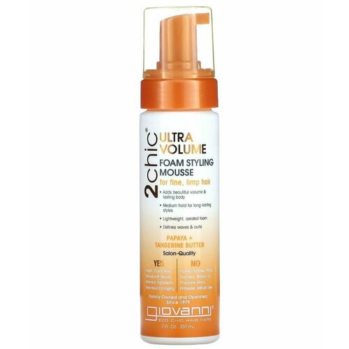 Giovanni 2 chic Джиованни Volume мусс для укладки волос и создания ультраобъема для тонких и слабых волос папайя и масло мандарина 207мл 3600₽